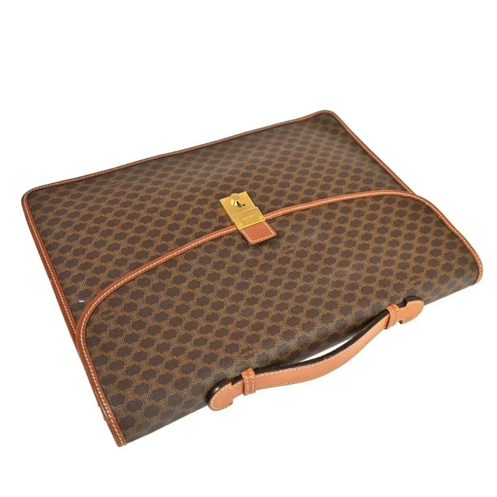 CELINE Logo Macadam Pattern Briefcase Hand Bag PVC Leather Brown Italy